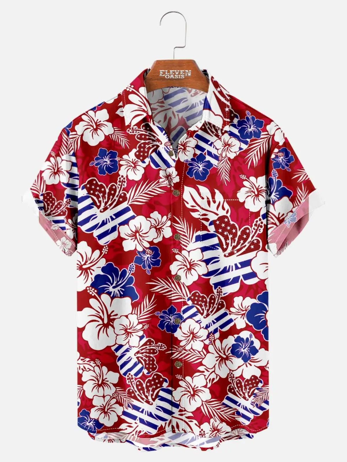 Men's Patriotic Hawaiian Floral Short Sleeve Shirt ElevenOasis