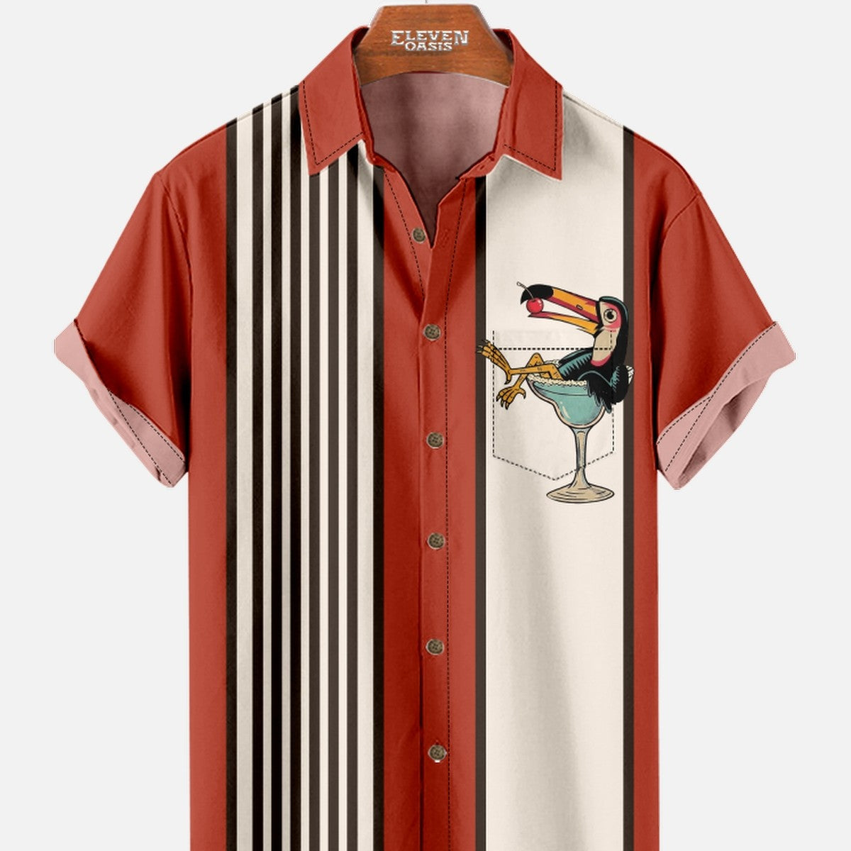Men's Striped Everyday with Toucan in a Cocktail Glass Short Sleeve Casual Shirt ElevenOasis