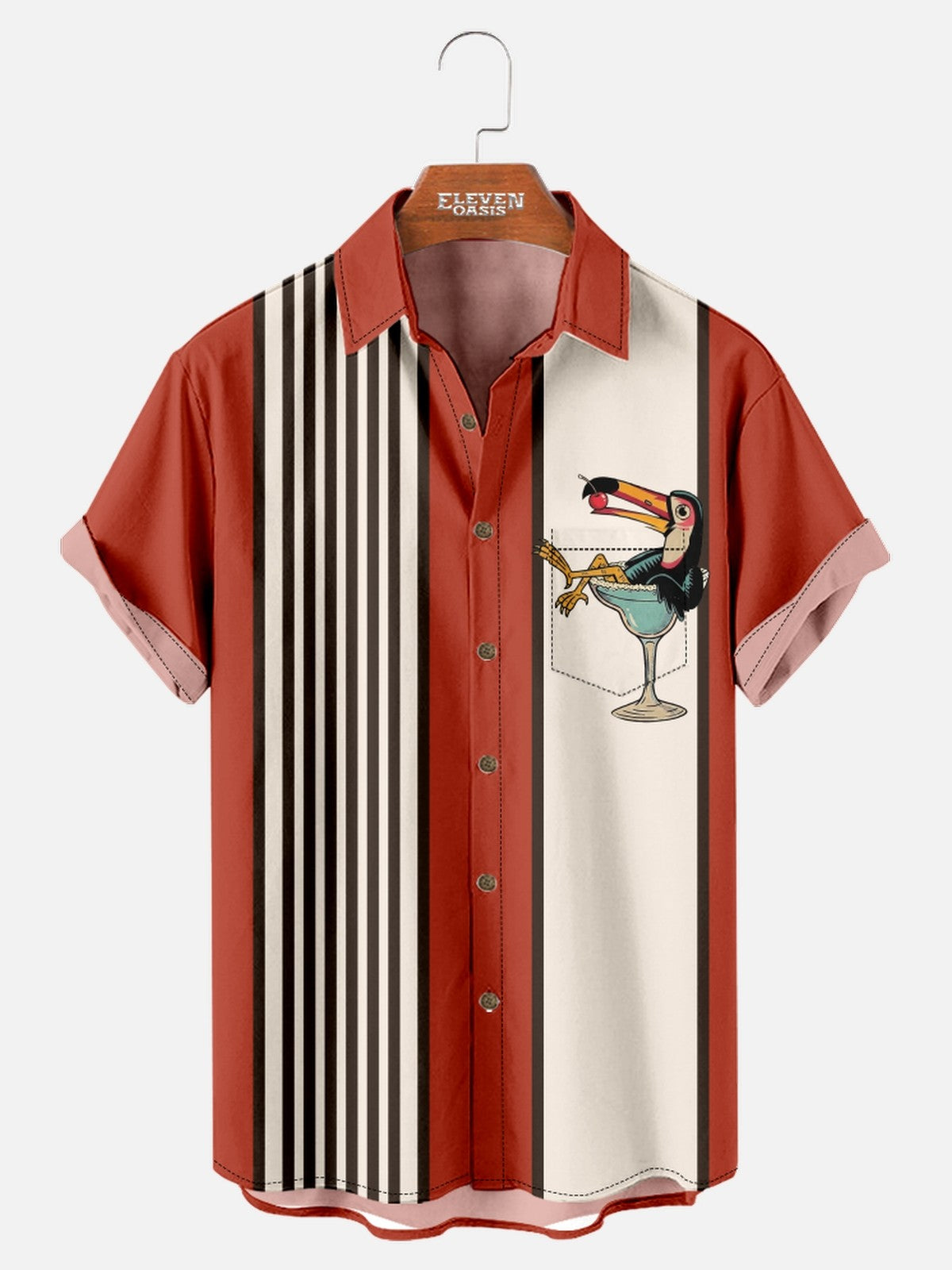 Men's Striped Everyday with Toucan in a Cocktail Glass Short Sleeve Casual Shirt ElevenOasis