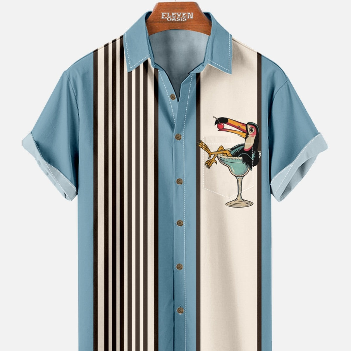 Men's Striped Everyday with Toucan in a Cocktail Glass Short Sleeve Casual Shirt ElevenOasis