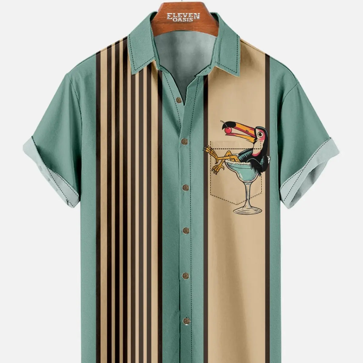 Men's Striped Everyday with Toucan in a Cocktail Glass Short Sleeve Casual Shirt ElevenOasis