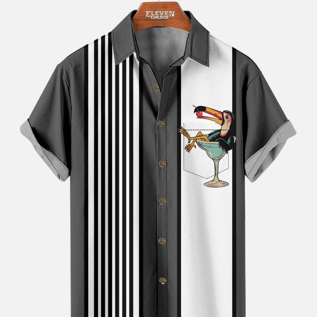 Men's Striped Everyday with Toucan in a Cocktail Glass Short Sleeve Casual Shirt ElevenOasis
