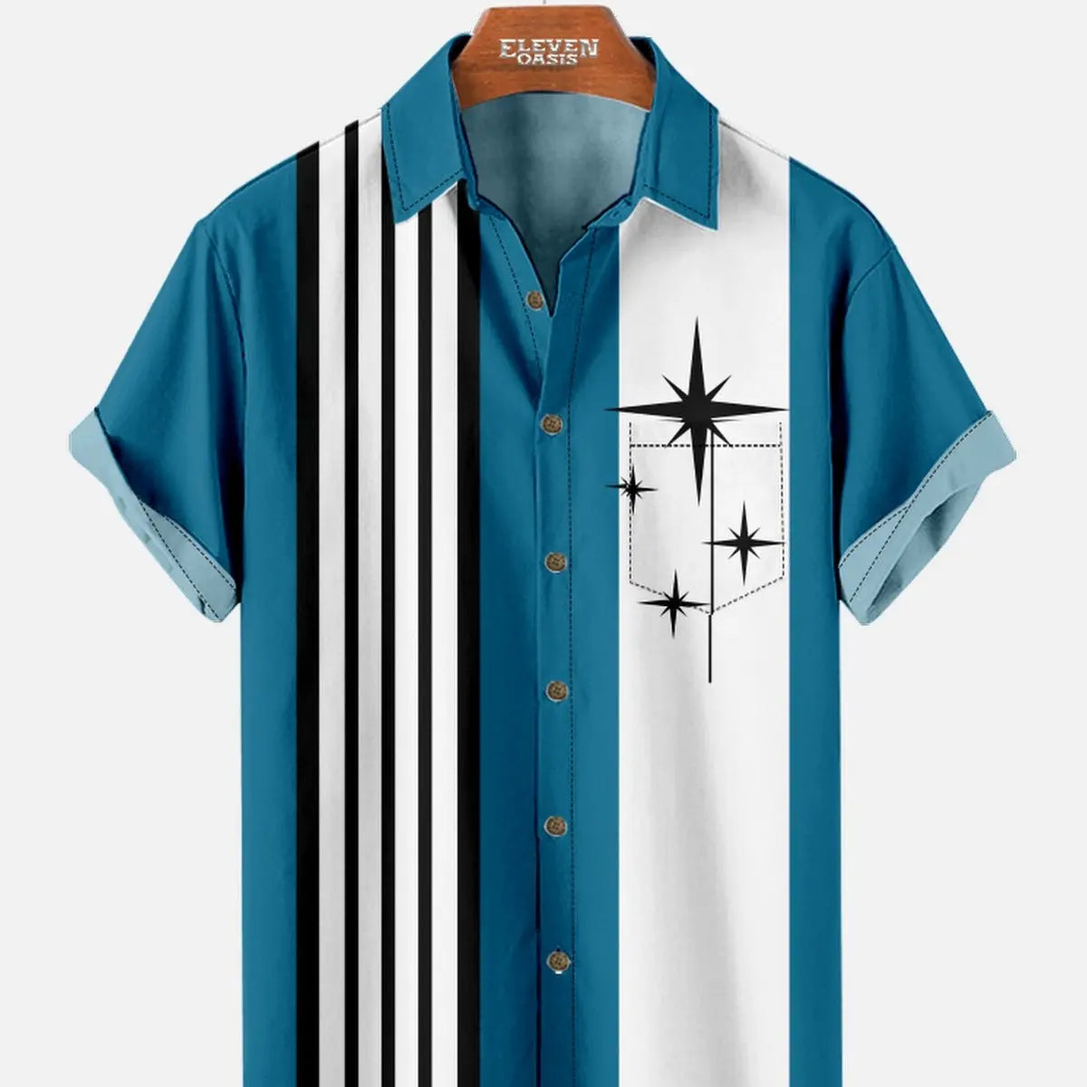 Tall Men's Striped with Space-Age Stars Casual Short Sleeve Shirt ElevenOasis
