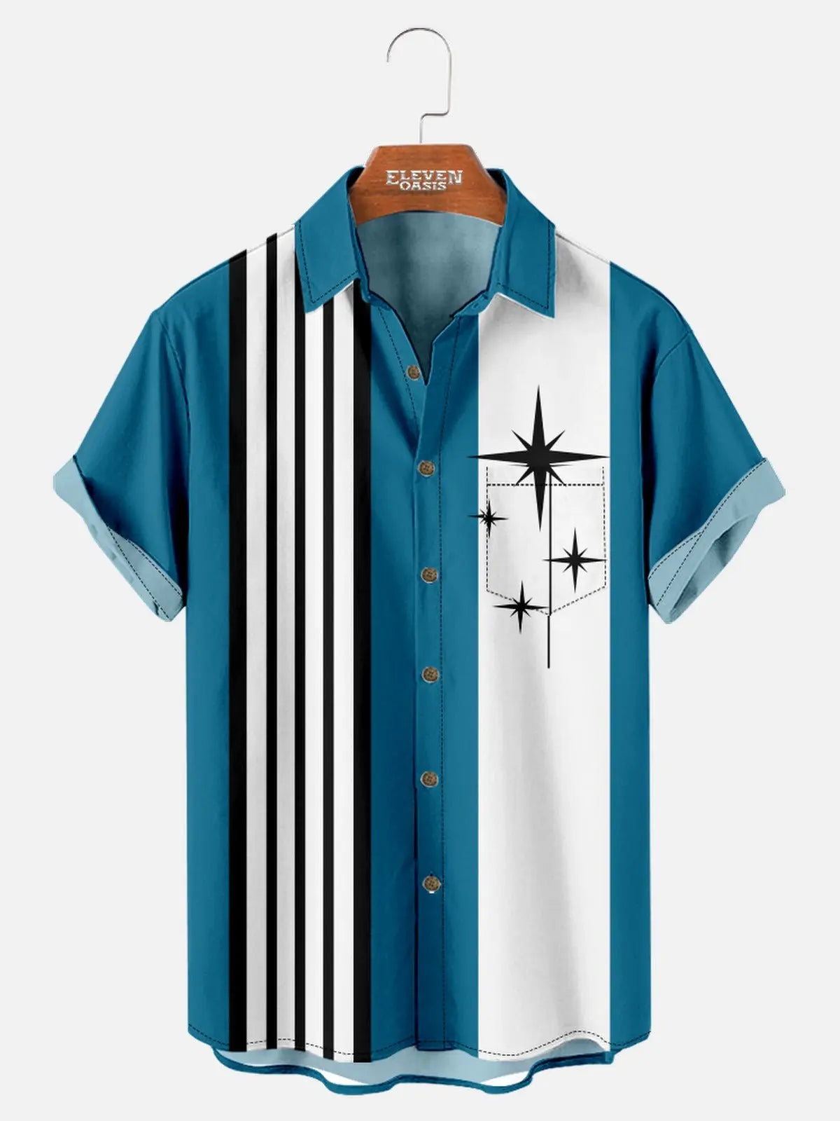 Tall Men's Striped with Space-Age Stars Casual Short Sleeve Shirt ElevenOasis
