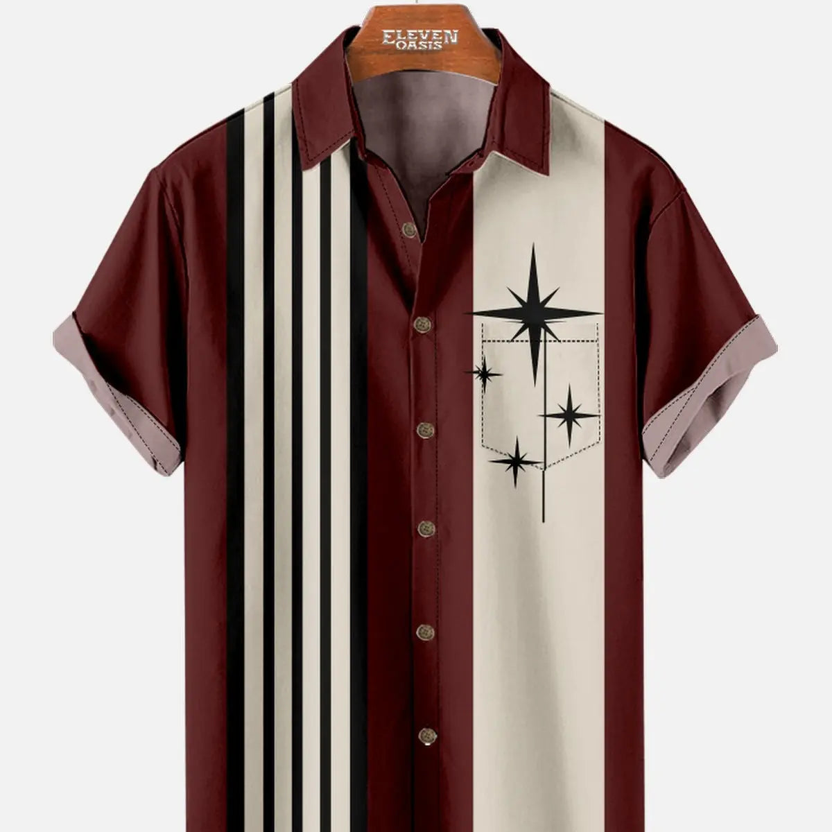 Tall Men's Striped with Space-Age Stars Casual Short Sleeve Shirt ElevenOasis