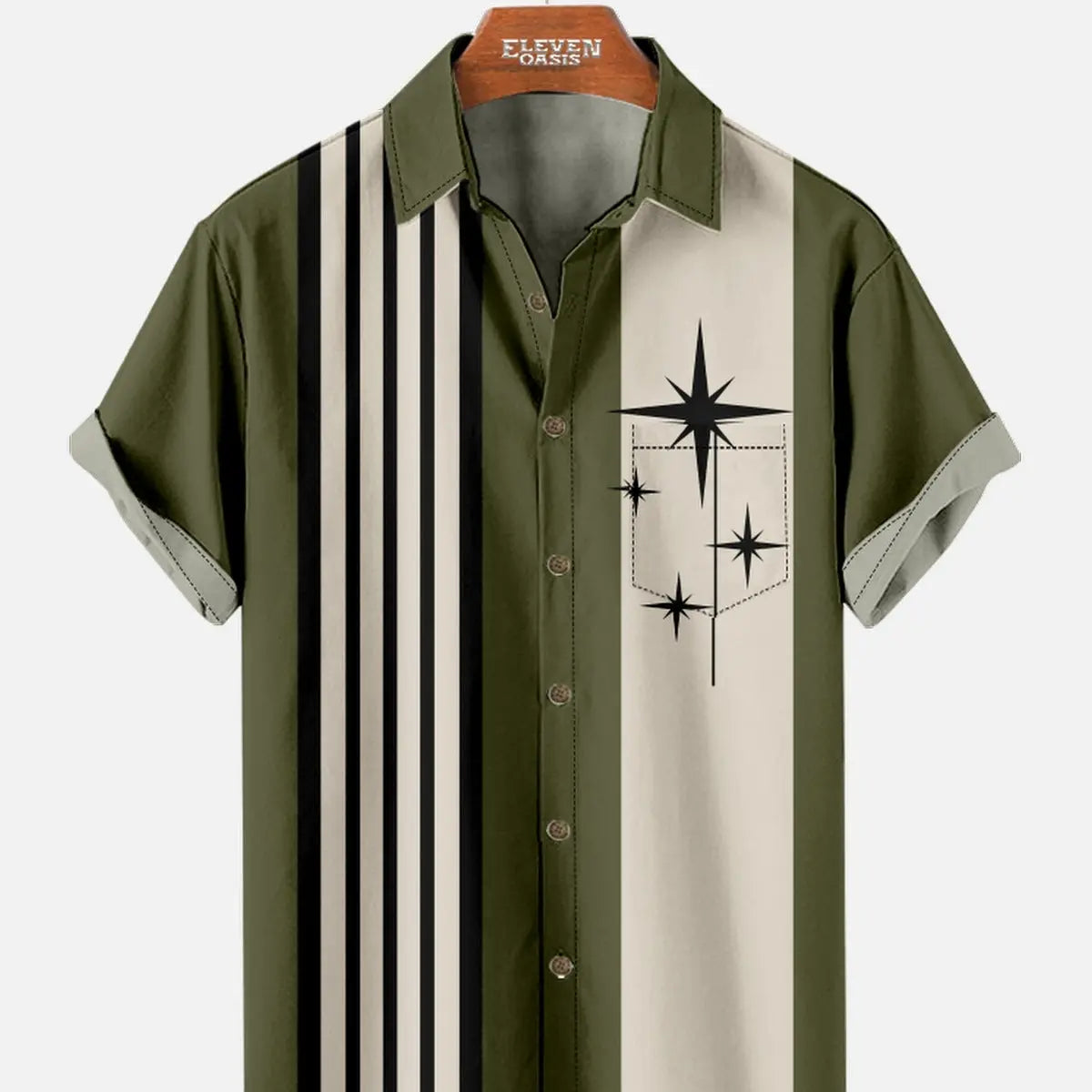 Tall Men's Striped with Space-Age Stars Casual Short Sleeve Shirt ElevenOasis