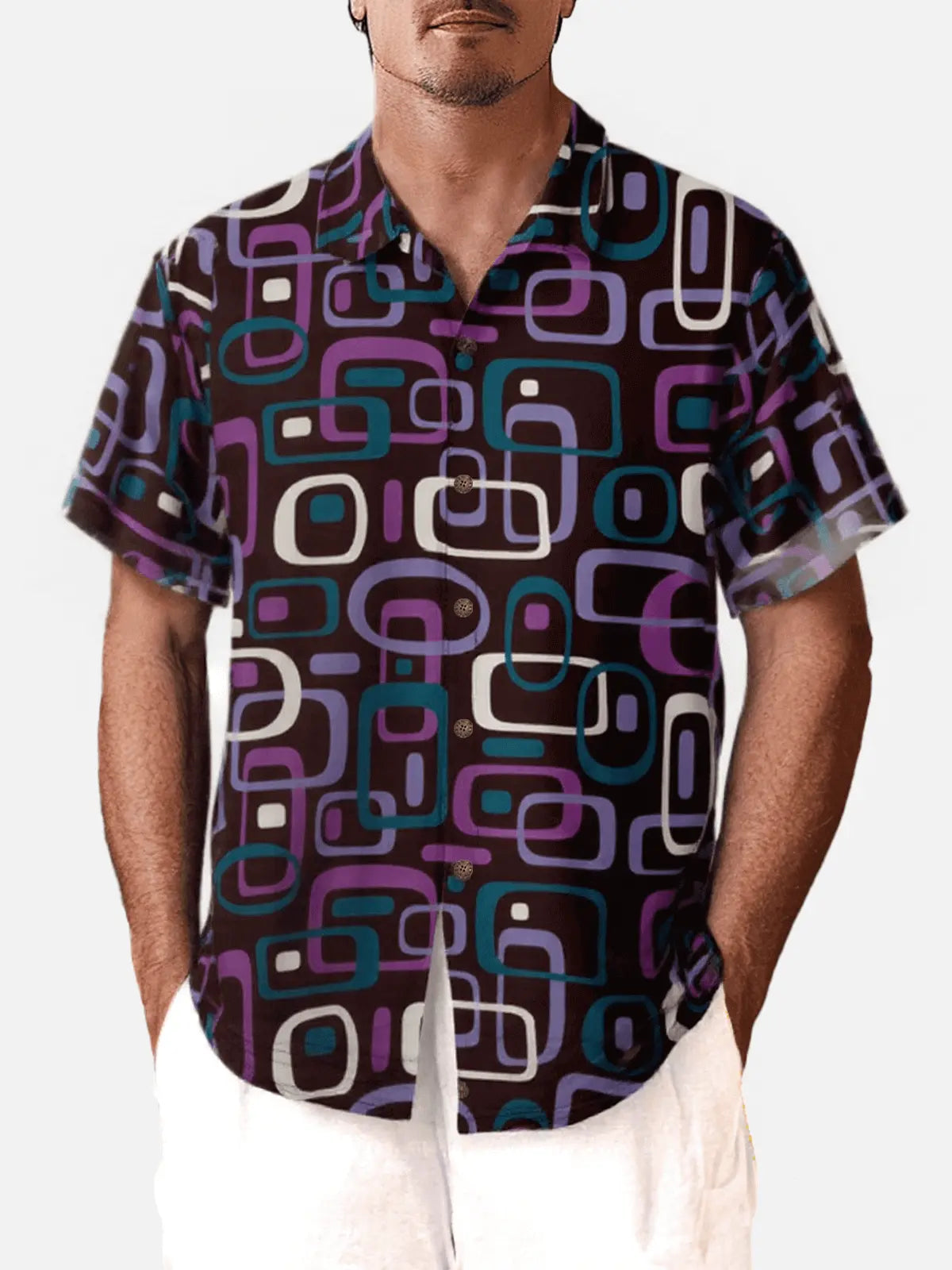 Tall Men's Iconic 70s Pattern in Purple Short Sleeve Shirt Eleven Oasis