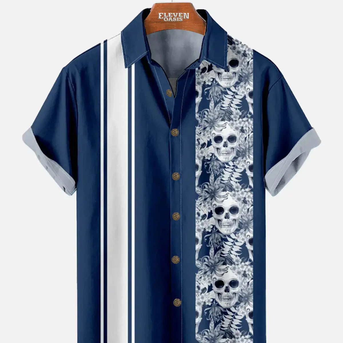 Men's Striped with Floral Skulls Casual Short Sleeve Shirt ElevenOasis
