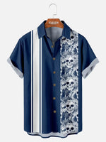 Men's Striped with Floral Skulls Casual Short Sleeve Shirt ElevenOasis