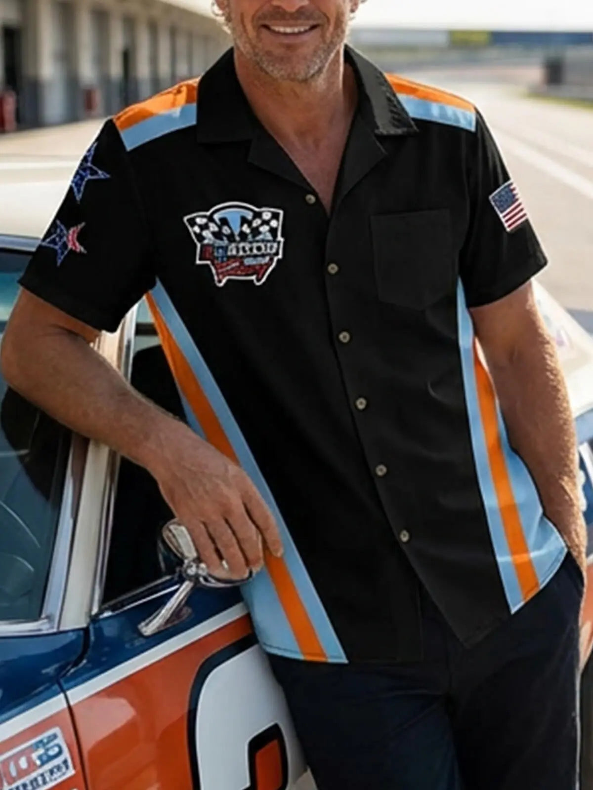 Men's Custom Racing Flags Stripes & Stars Short Sleeve Shirt Eleven Oasis