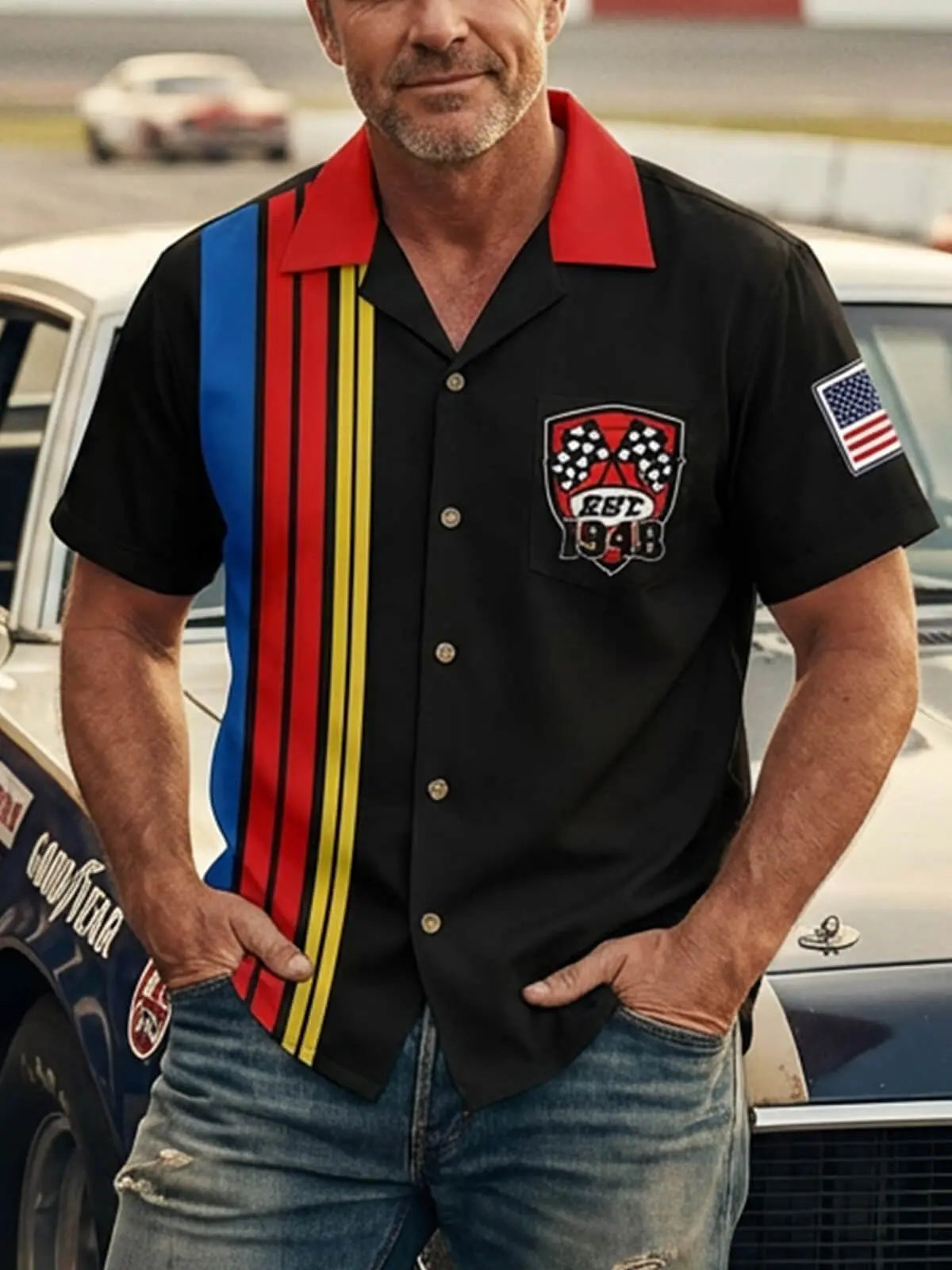 Men's Custom Racing Stripe & Shield Crest Short Sleeve Shirt Eleven Oasis