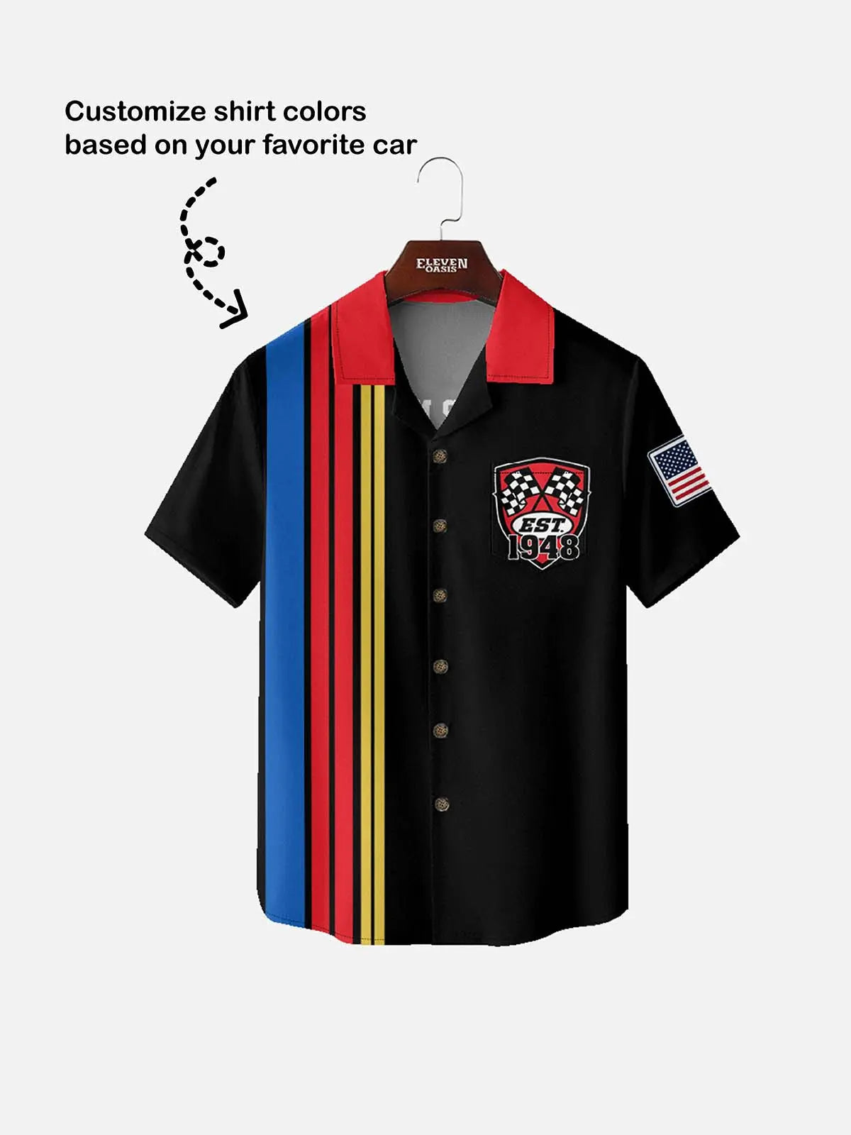 Men's Custom Racing Stripe & Shield Crest Short Sleeve Shirt Eleven Oasis