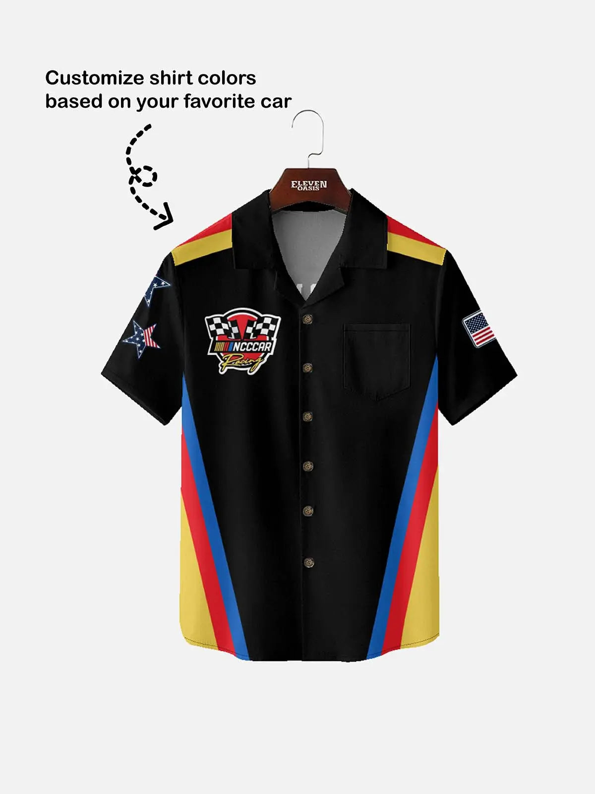 Tall Men's Custom Racing Flags Stripes & Stars Short Sleeve Shirt Eleven Oasis