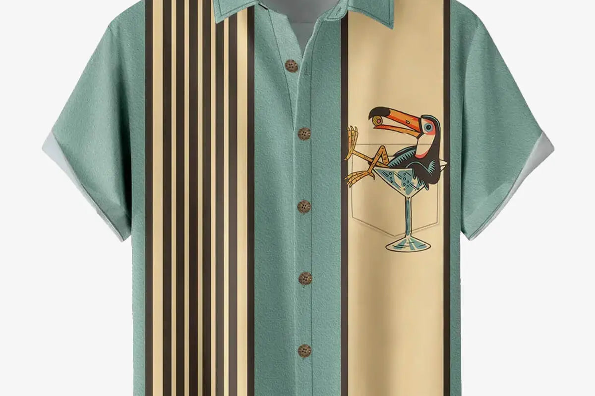Men's Striped Everyday with Toucan in a Cocktail Glass Short Sleeve Casual Shirt ElevenOasis