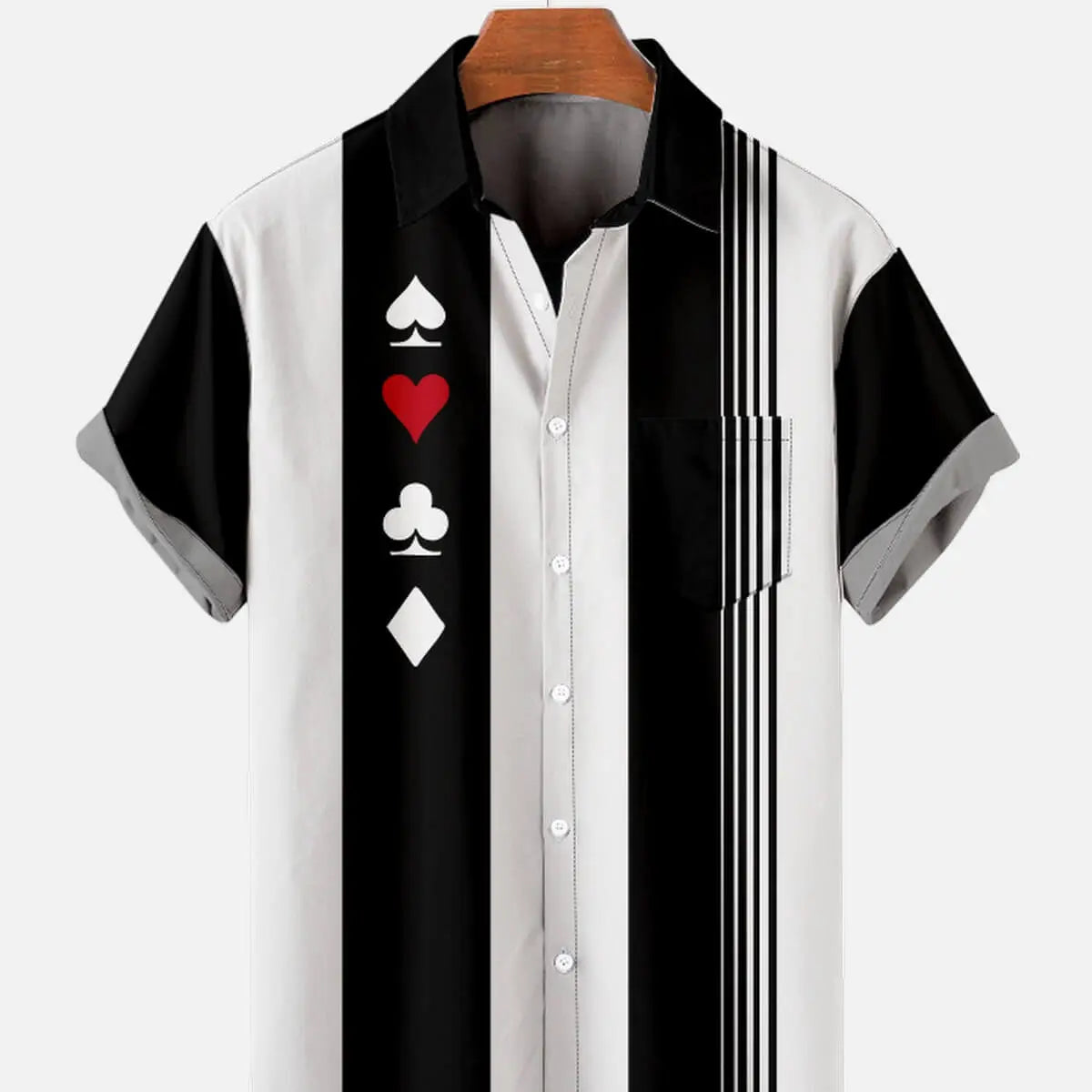 Tall Men's Card Suits Stripe Bowling Short Sleeve Shirt ElevenOasis