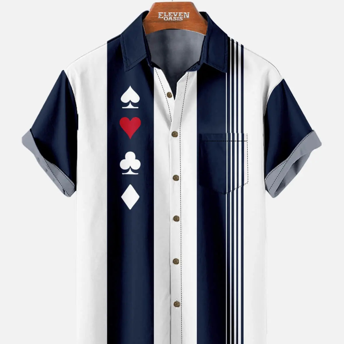 Tall Men's Card Suits Stripe Bowling Short Sleeve Shirt ElevenOasis