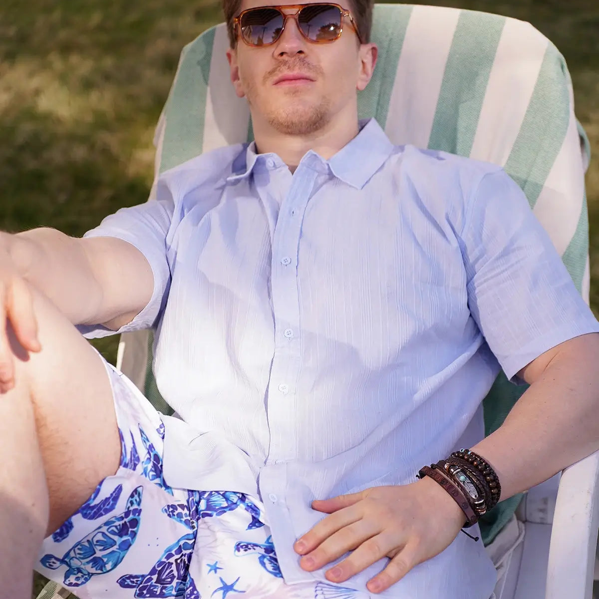 Men's Striped Textured Cotton Short Sleeve Shirt ElevenOasis