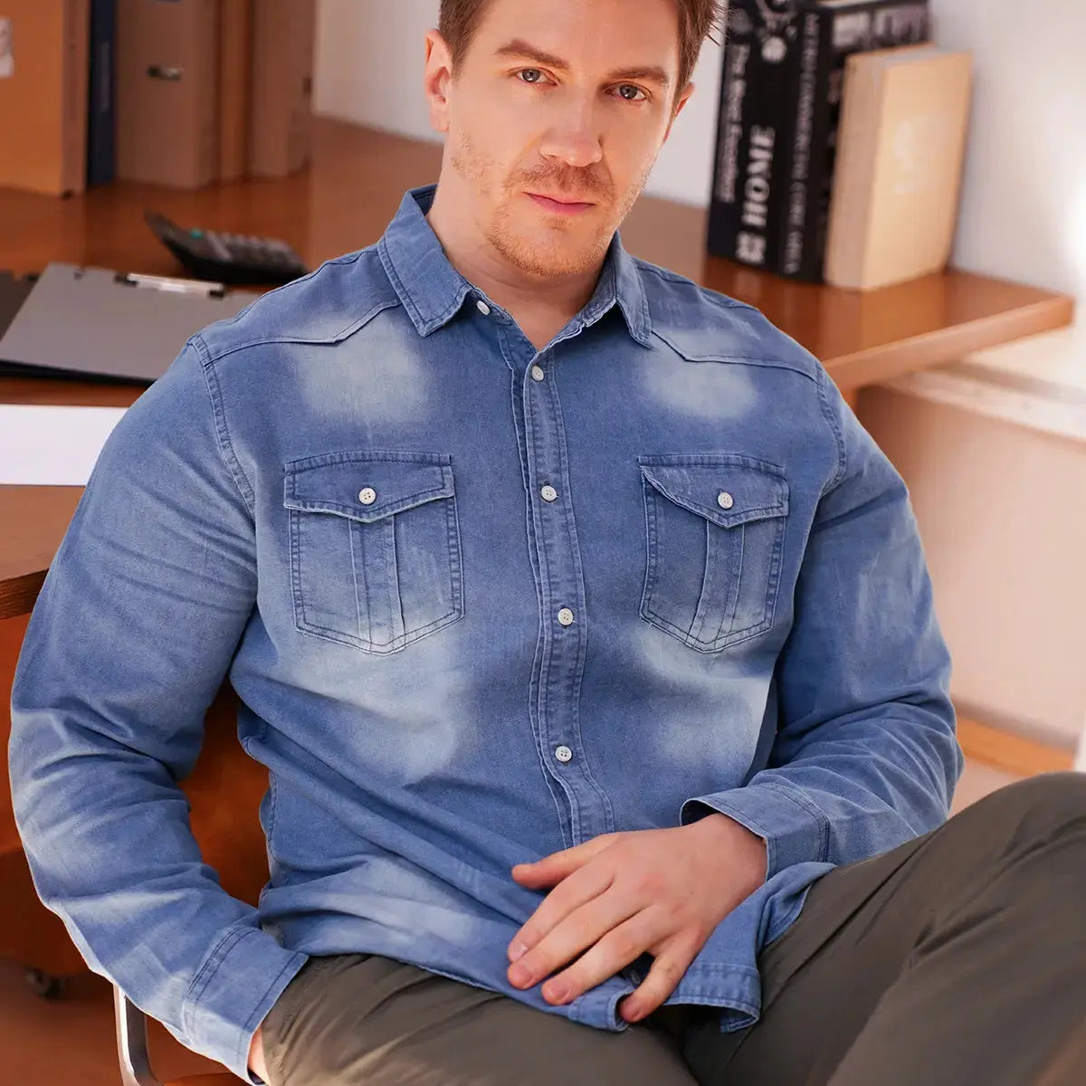 Men's Classic Denim Western Long Sleeve Shirt ElevenOasis