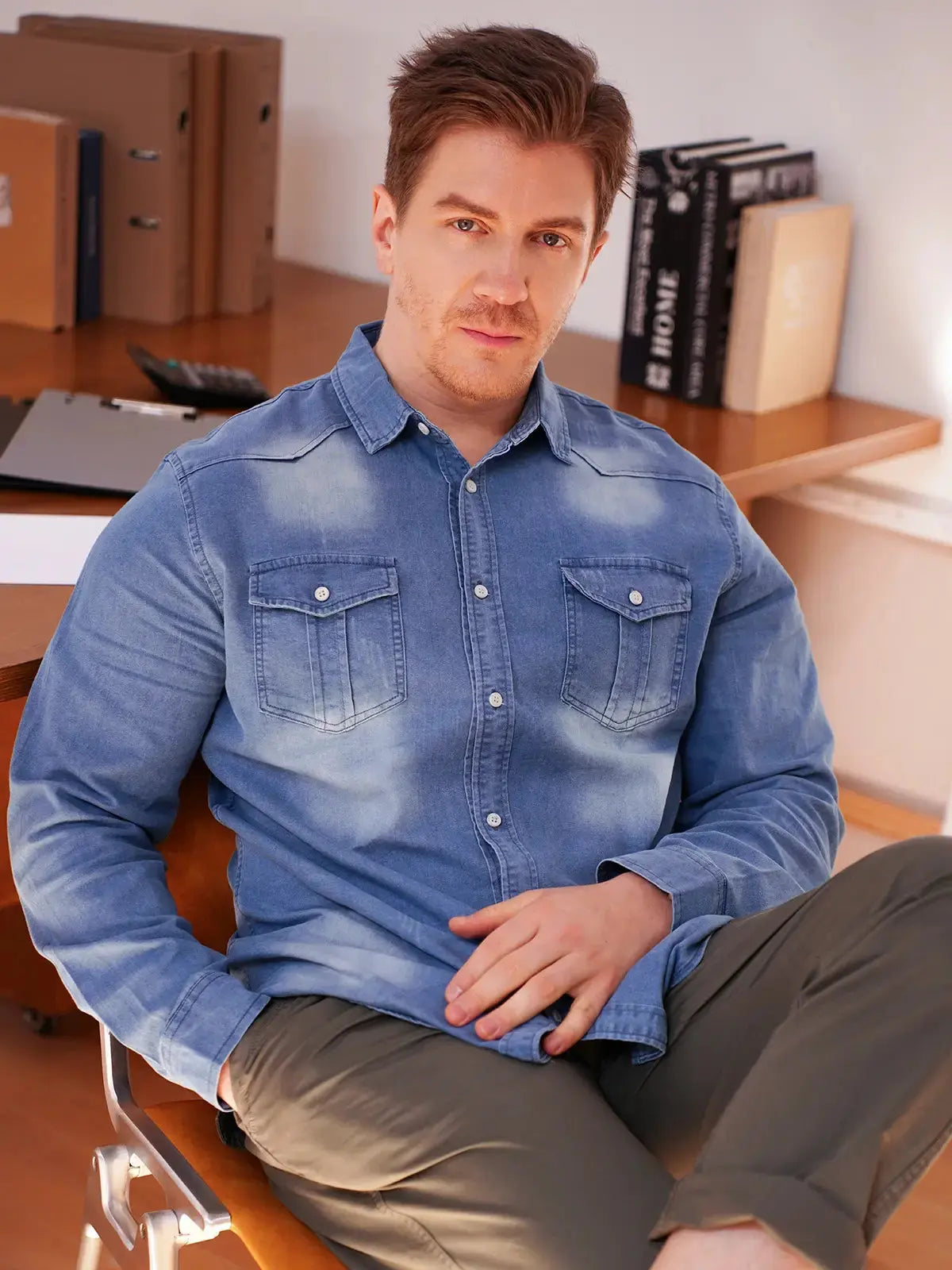 Men's Classic Denim Western Long Sleeve Shirt ElevenOasis