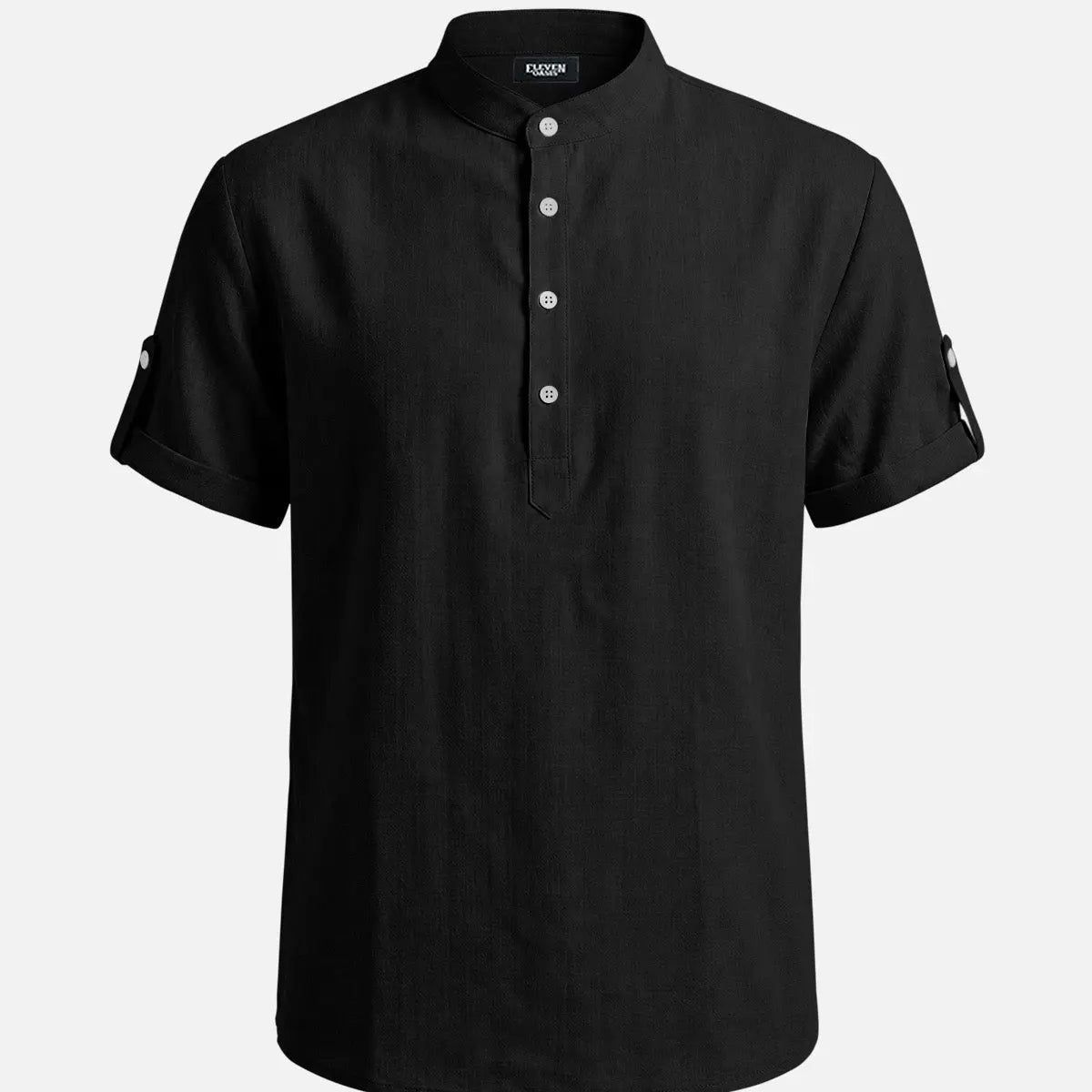 Men's Linen-Look Mandarin Collar Short Sleeve Shirt ElevenOasis