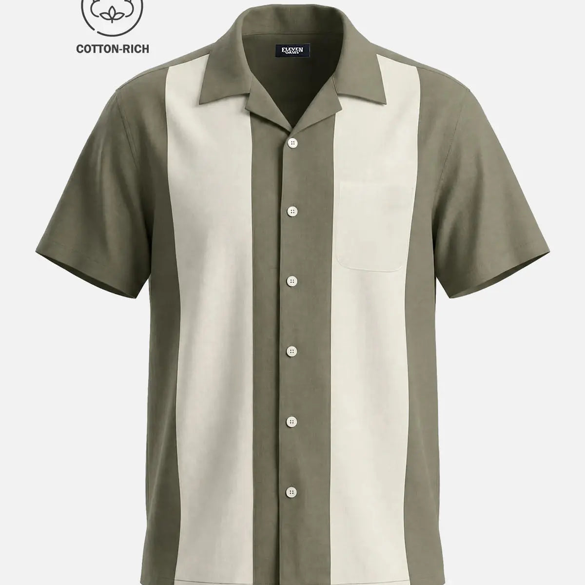 Men's Cotton Retro Vertical Panel Camp Collar Short Sleeve Shirt Eleven Oasis
