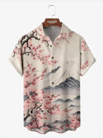 Men's Japan-Inspired Mt Fuji and Cherry Blossoms Short Sleeve Casual Shirt ElevenOasis