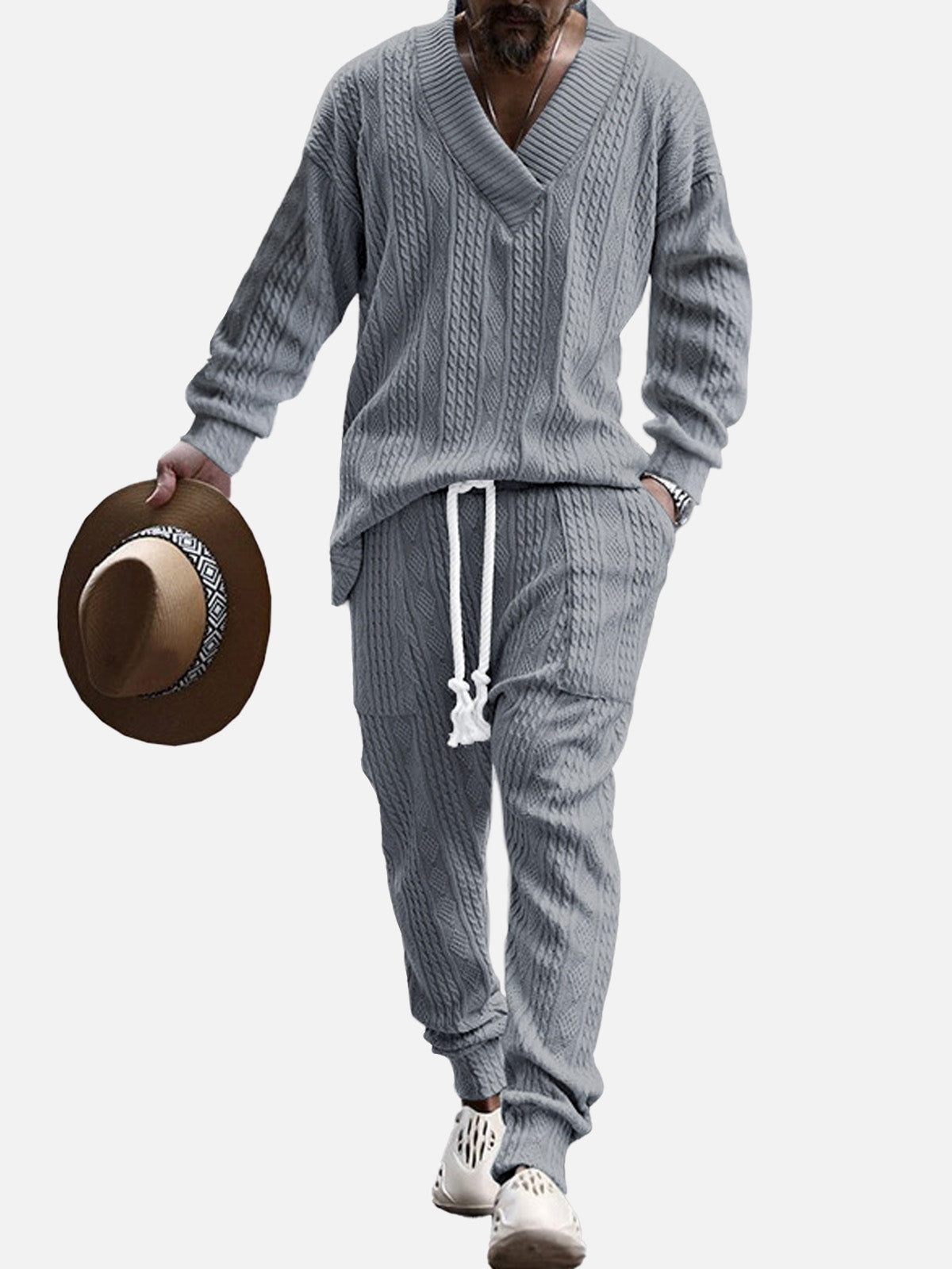 Men's Cable Knit V-Neck Lounge Set ElevenOasis