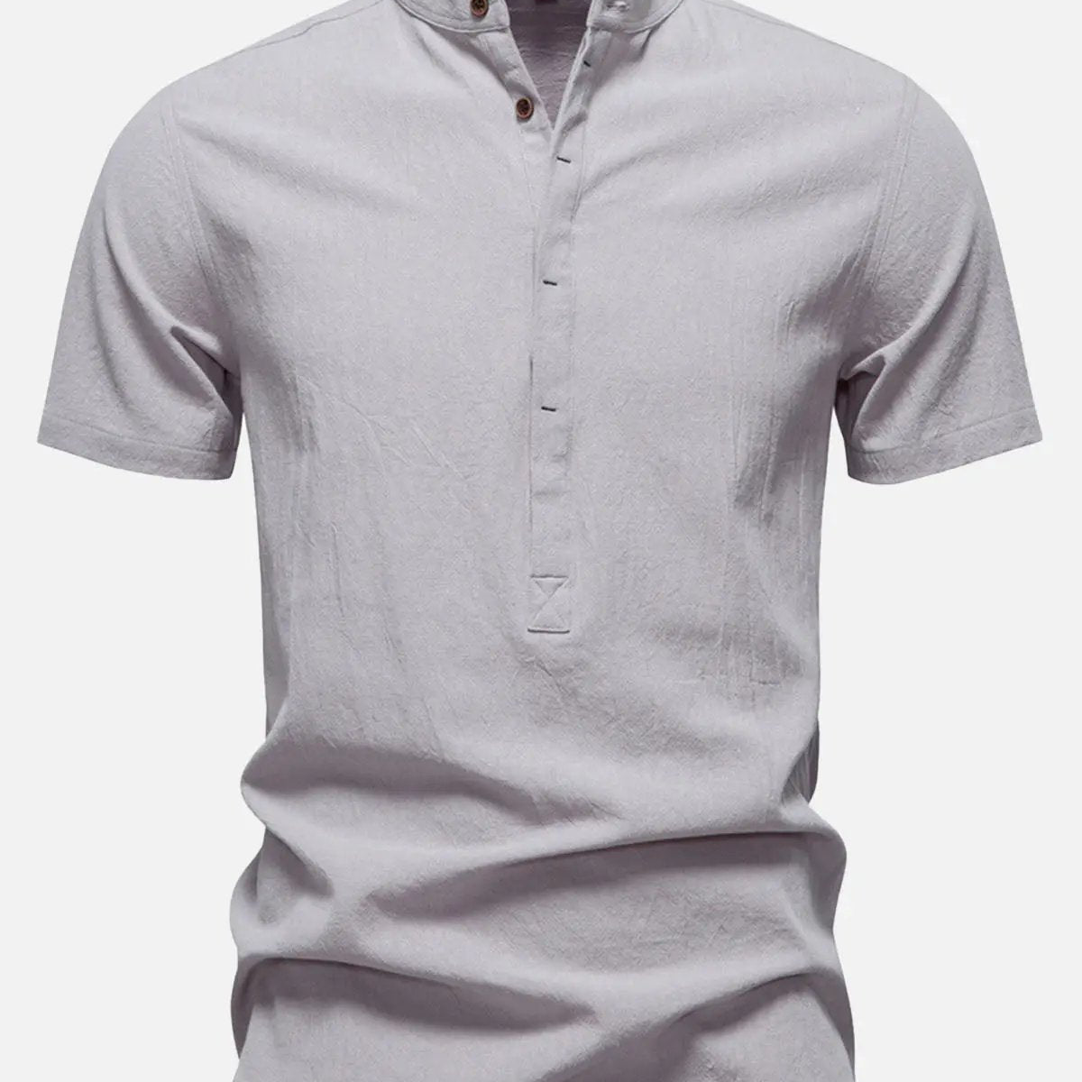 Men's Cotton Linen Band Collar Short Sleeve Shirt ElevenOasis