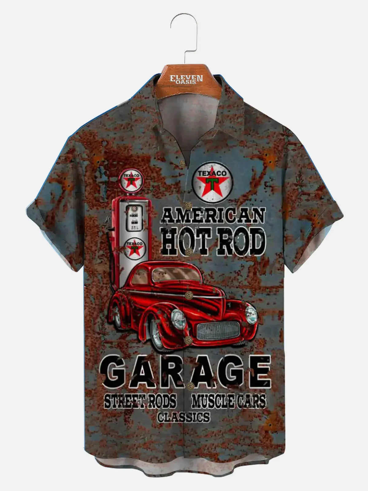 American Hot Rod Retro Car Print Men's Casual Short Sleeve Shirt ElevenOasis