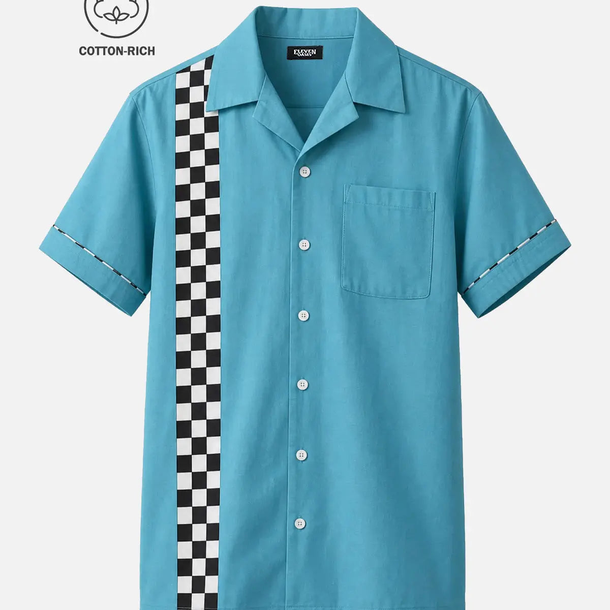 Men's Cotton Raceway Checkerboard Panel Bowling Short Sleeve Shirt Eleven Oasis