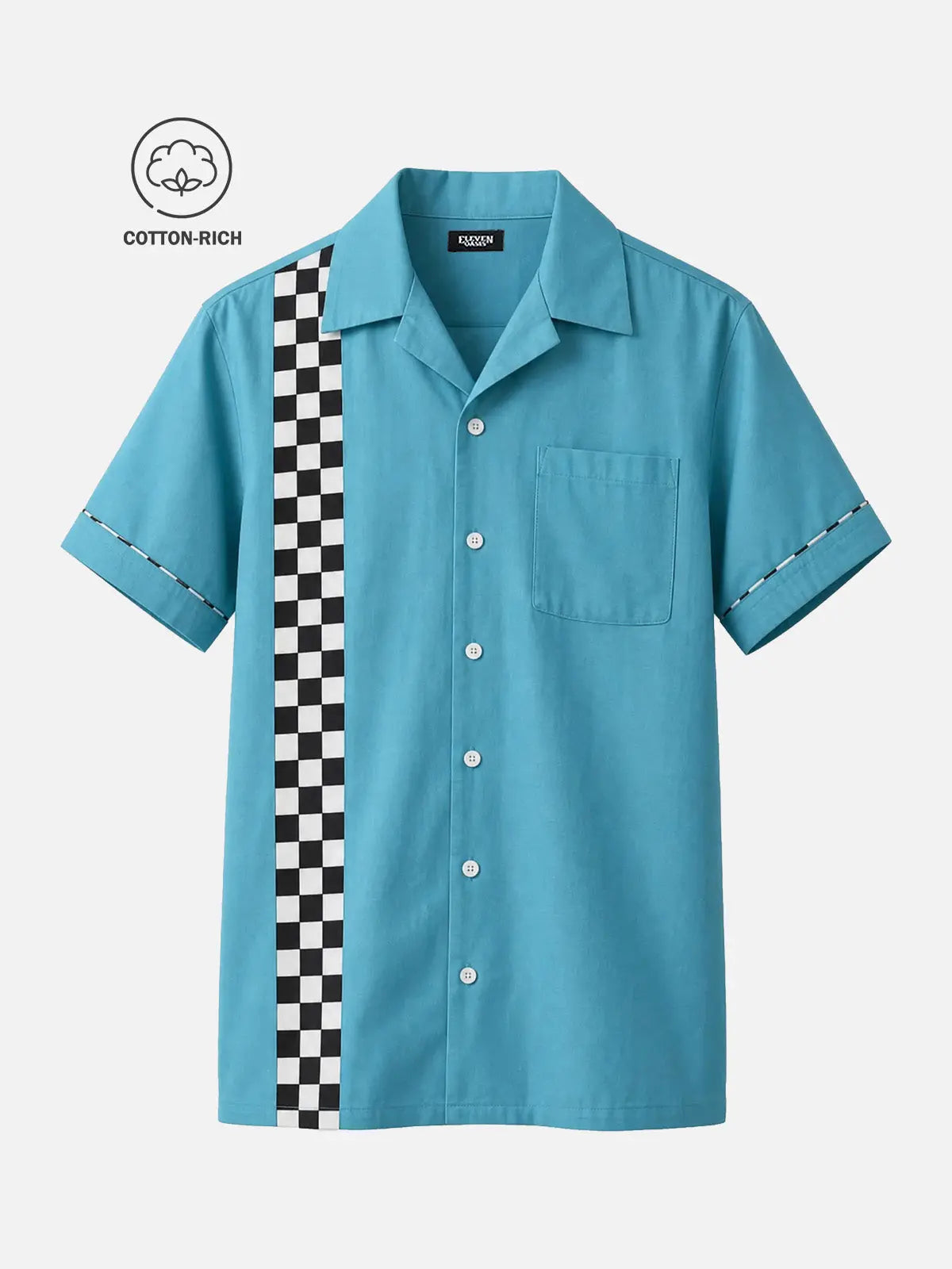 Men's Cotton Raceway Checkerboard Panel Bowling Short Sleeve Shirt Eleven Oasis