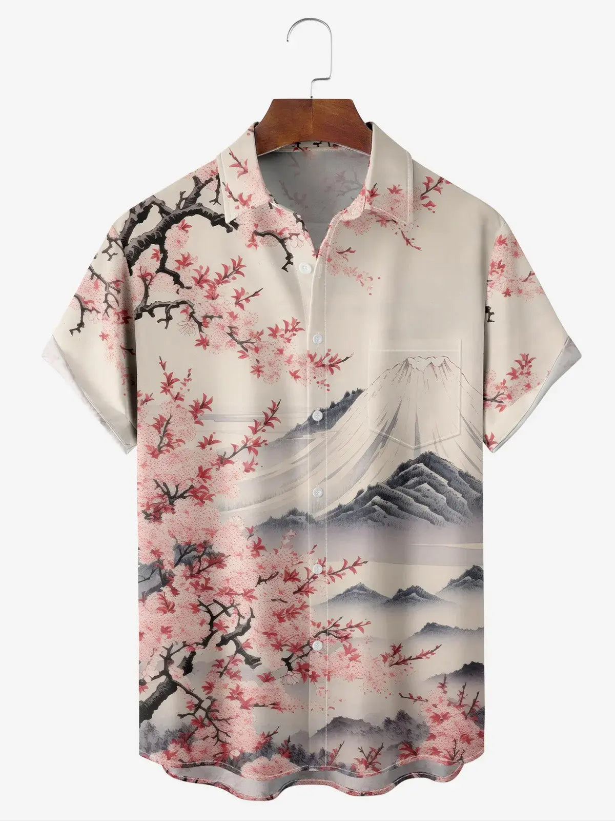 Tall Size Men's Japan-Inspired Mt Fuji and Cherry Blossoms Short Sleeve Casual ShirtMens short sleeve shirts Big and tall Mens shirts Short sleeve shirts for men Mens 4xl shirts Casual short sleeve shirts