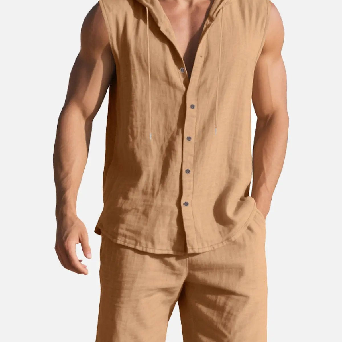 Men's Linen Hooded Sleeveless Matching Set ElevenOasis
