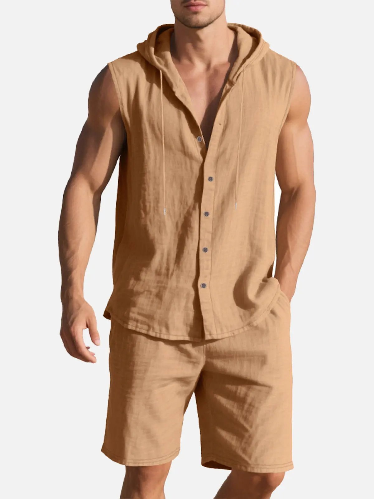 Men's Linen Hooded Sleeveless Matching Set ElevenOasis