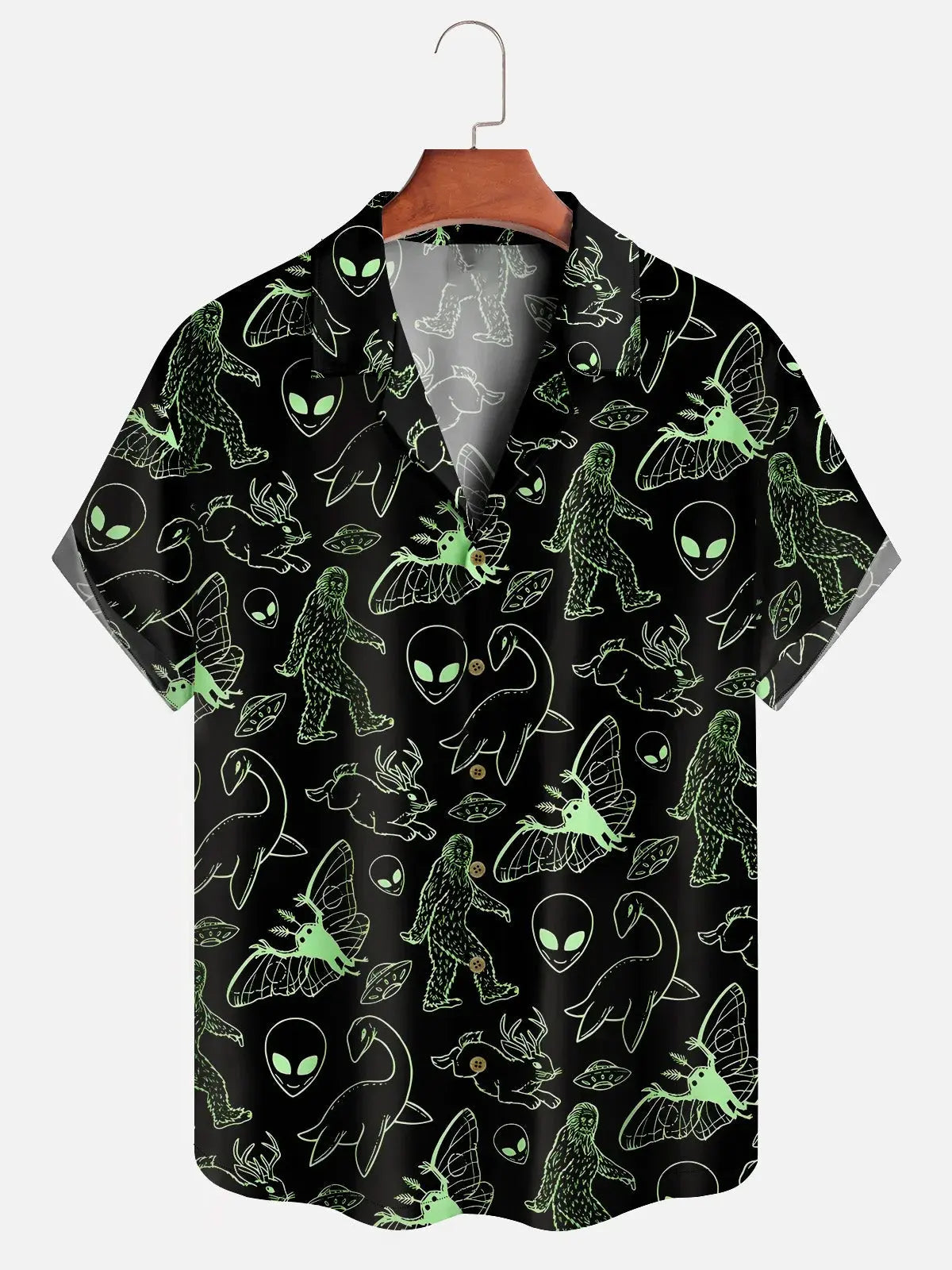 Men's Neon Aliens Loch Ness Big Foot Dinosaur Short Sleeve Casual ShirtMens short sleeve shirts Big and tall Mens shirts Short sleeve shirts for men Mens 4xl shirts Casual short sleeve shirts