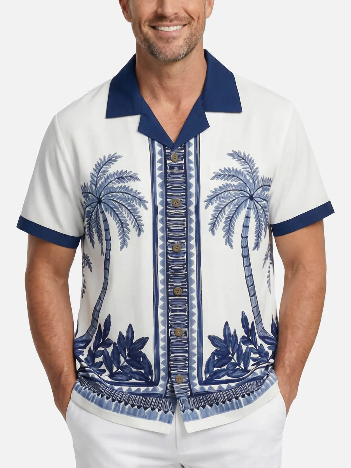 Men's Blue Palm Tile Panel Short Sleeve Shirt ElevenOasis