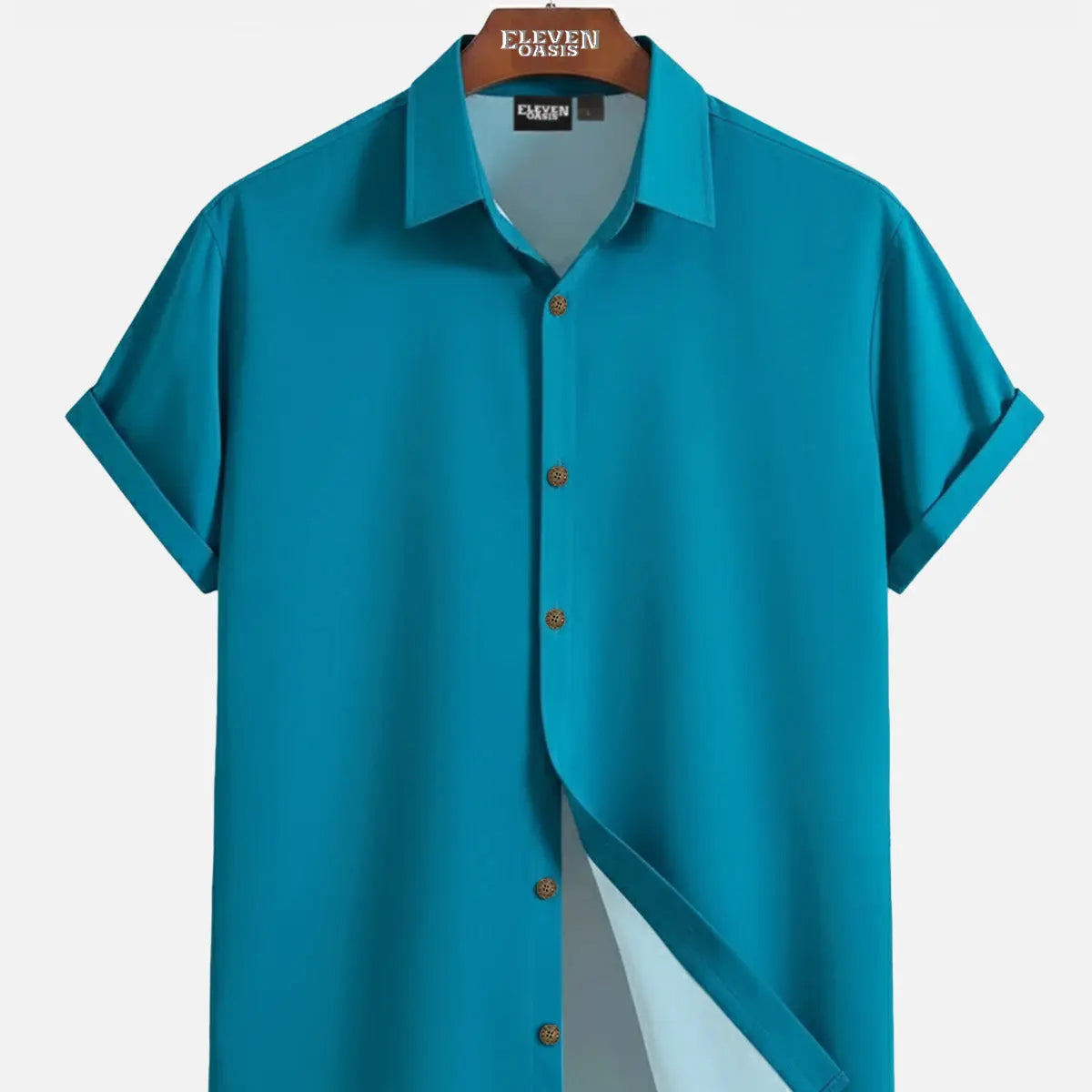 Men's Casual Linen-Feel Loose Printed Solid Color Button Short Sleeve Shirt ElevenOasis
