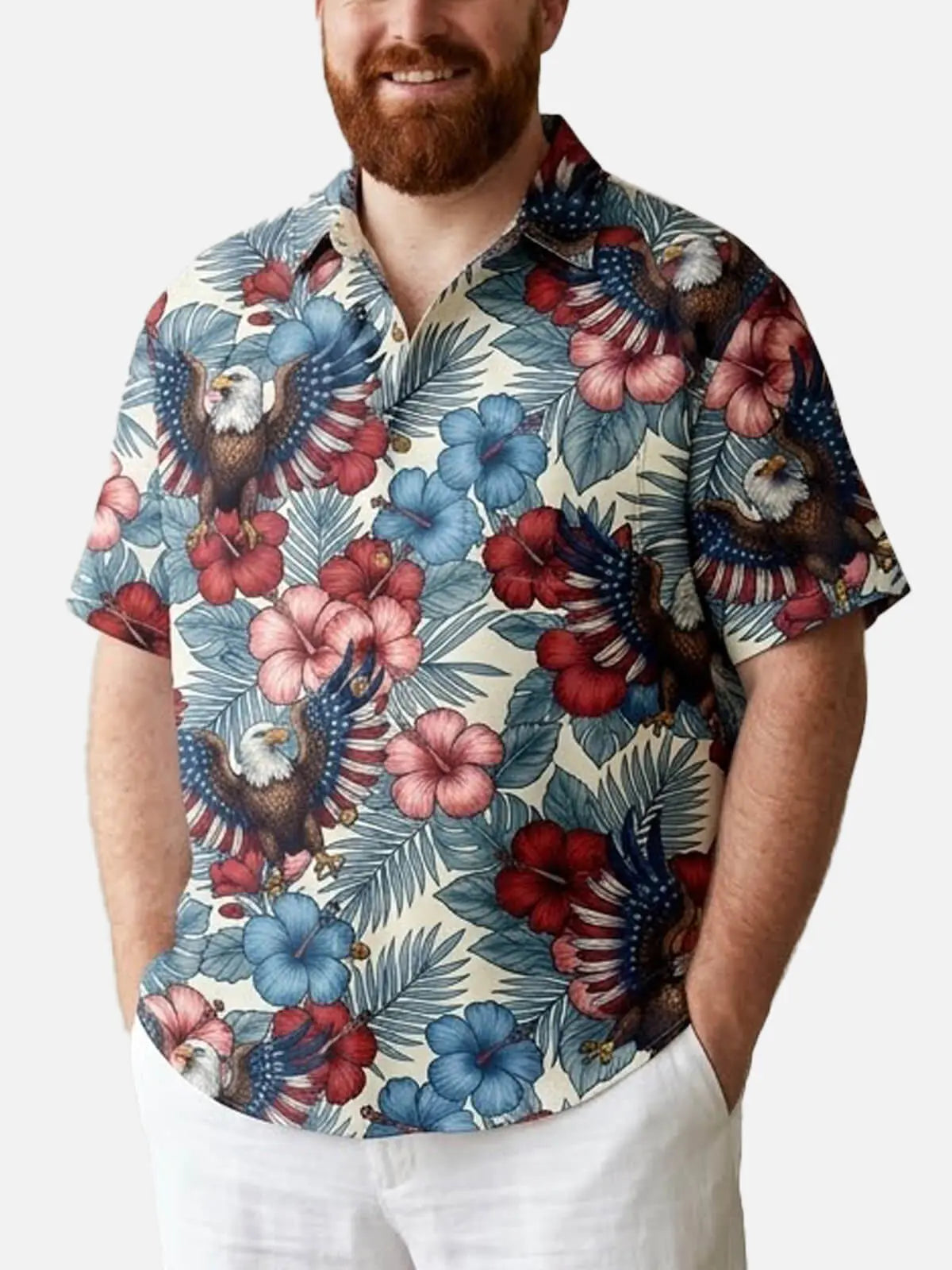 Tall Men's Patriotic Eagle Tropical Floral Short Sleeve Shirt ElevenOasis