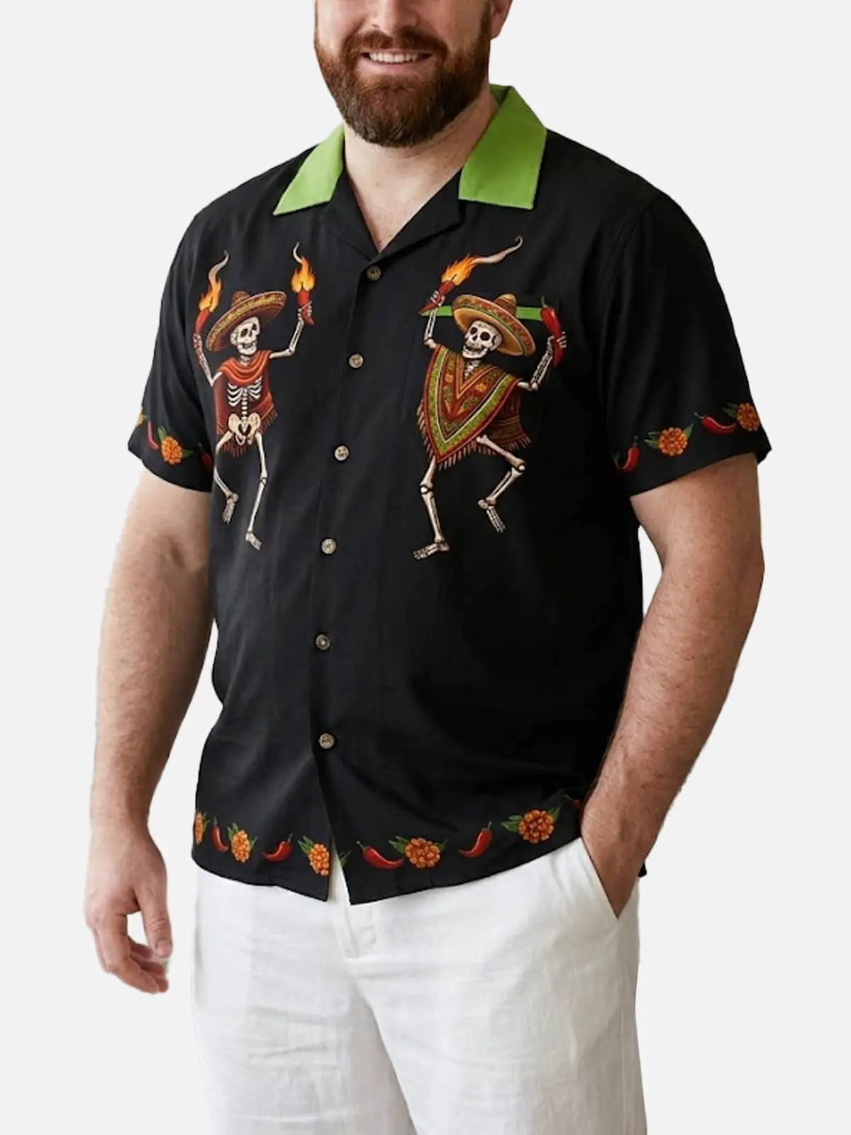 Tall Men's Dancing Skeleton Fiesta Short Sleeve Shirt ElevenOasis
