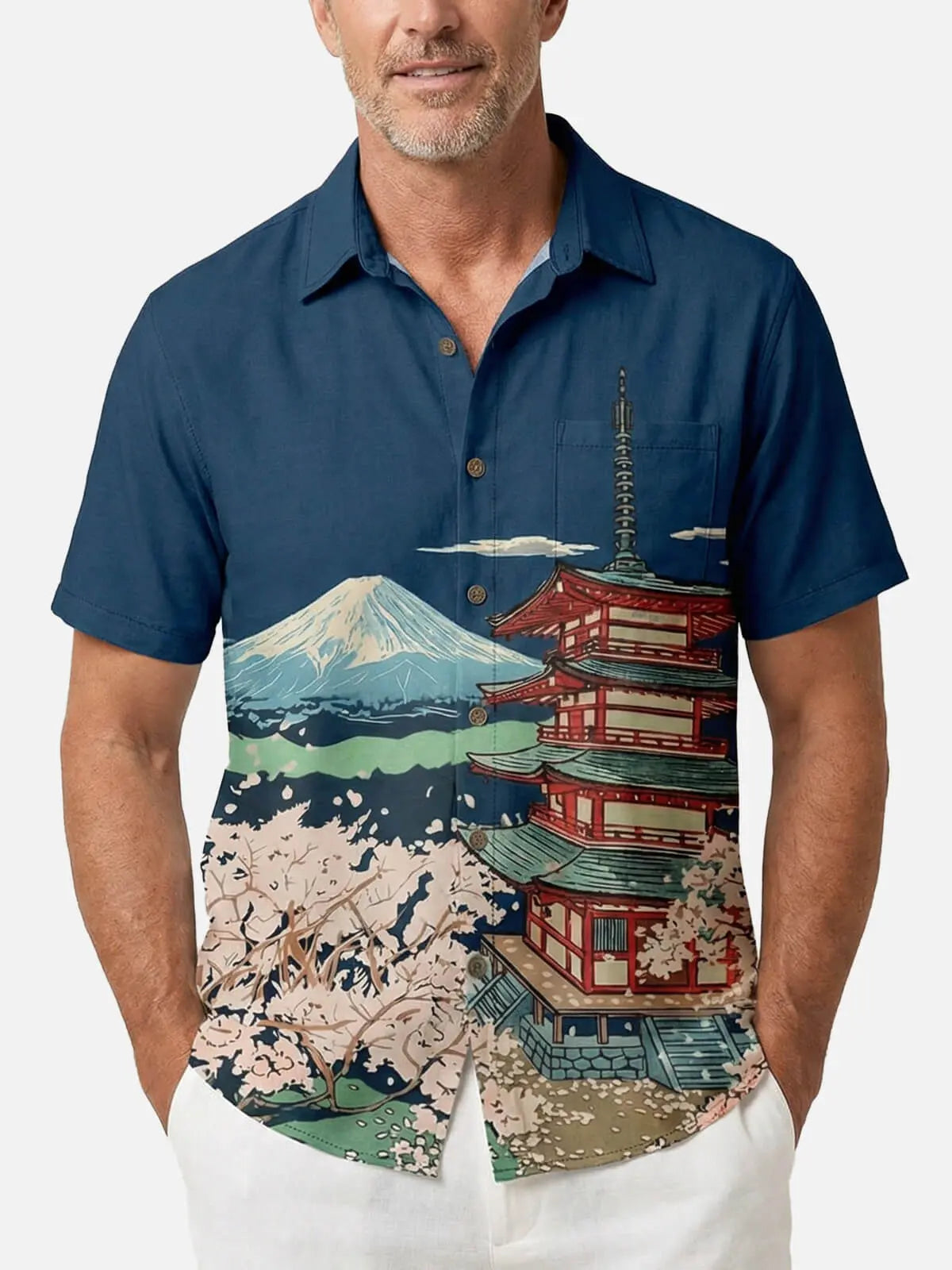 Men's Mount Fuji Pagoda Landscape Short Sleeve Shirt Eleven Oasis