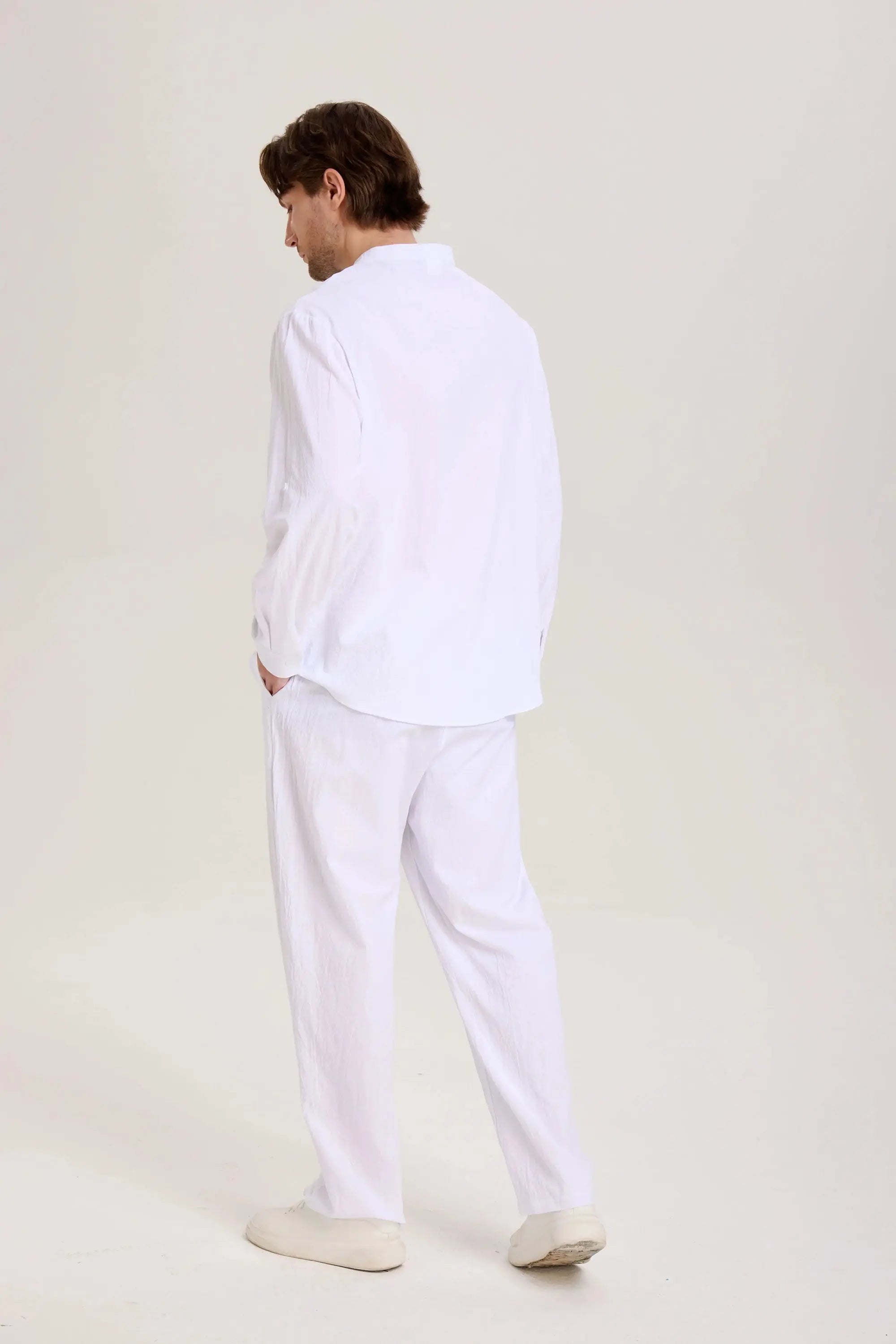 Men's Solid Color Linen Long Sleeve Elastic Waist Wide Leg Set Vacation Slow Living Linen Ensemble ElevenOasis