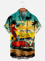 Men's Retro VW Minibus Parrot Vacation Palm Trees Beach Short Sleeve Shirt ElevenOasis