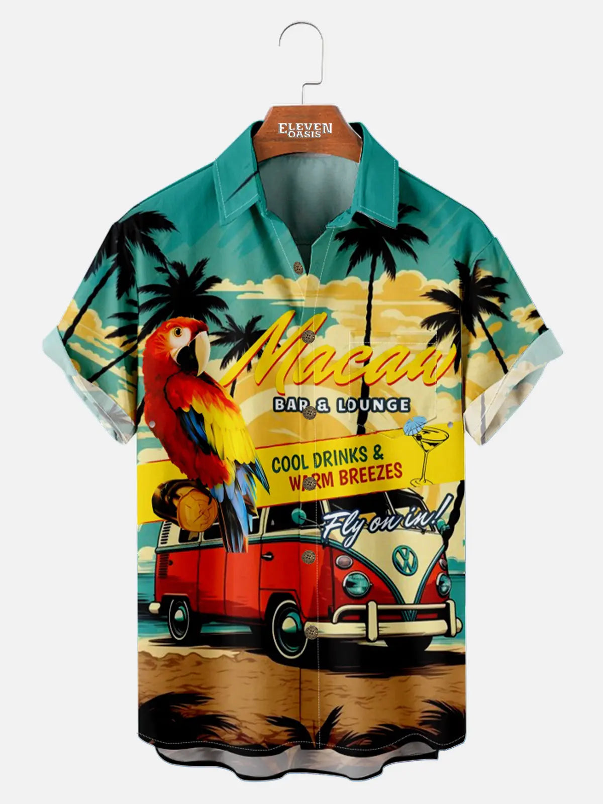 Men's Retro VW Minibus Parrot Vacation Palm Trees Beach Short Sleeve Shirt ElevenOasis