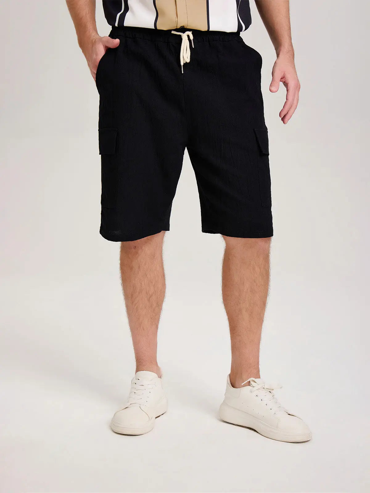 Men's Solid Color Linen Shorts Waist Drawstring Cargo Shorts ElevenOasis