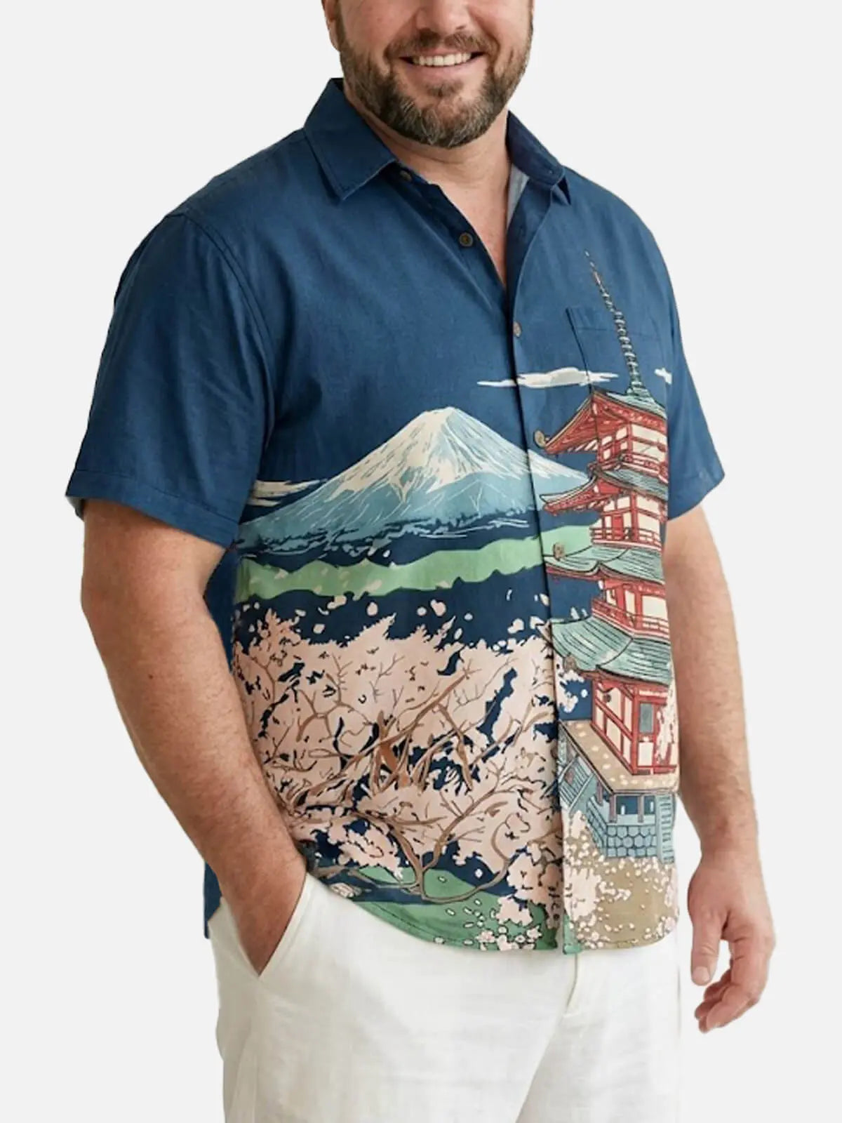 Tall Men's Mount Fuji Pagoda Landscape Short Sleeve Shirt Eleven Oasis