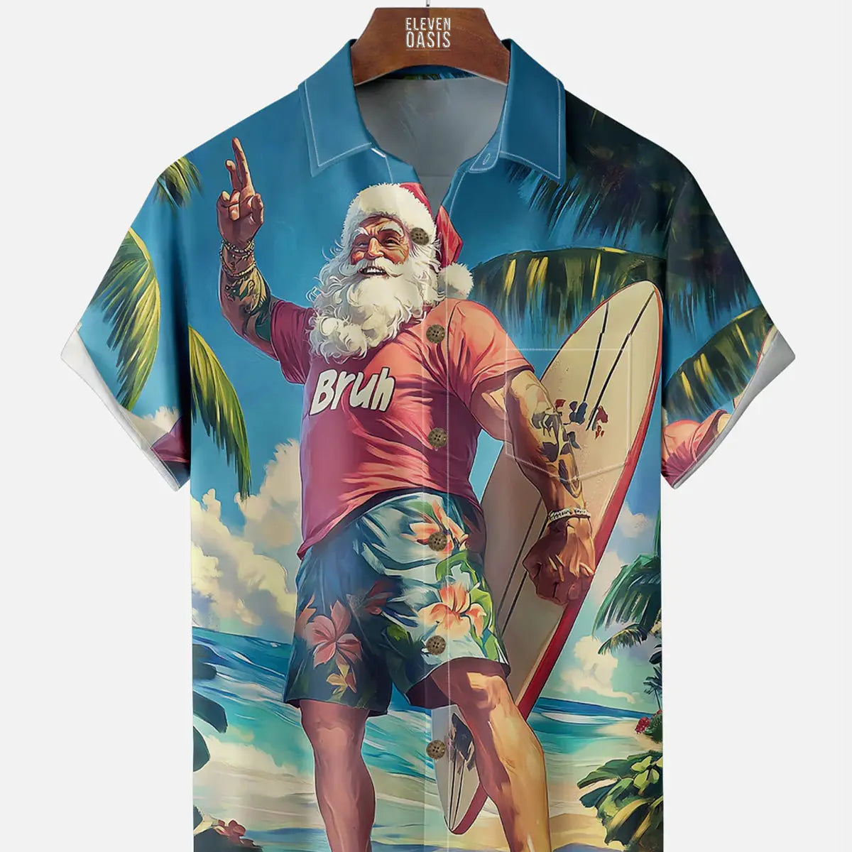 Tall Men's Santa Surfer Paradise Christmas Short Sleeve Shirt Eleven Oasis