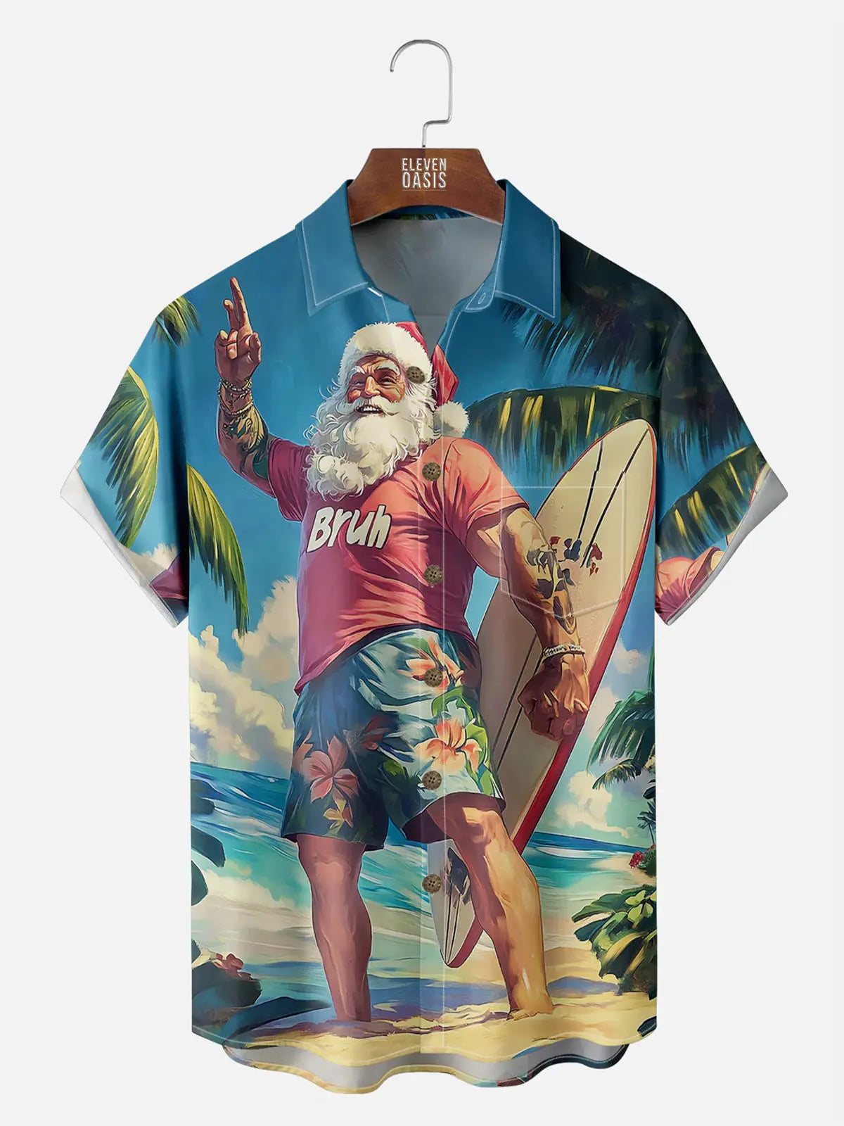 Tall Men's Santa Surfer Paradise Christmas Short Sleeve Shirt Eleven Oasis