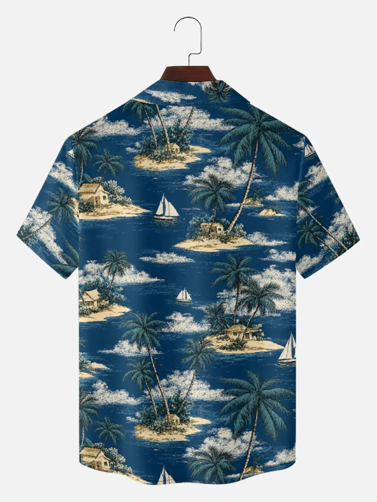 Men's Tropical Island Sailboat Camp Collar Short Sleeve Shirt ElevenOasis