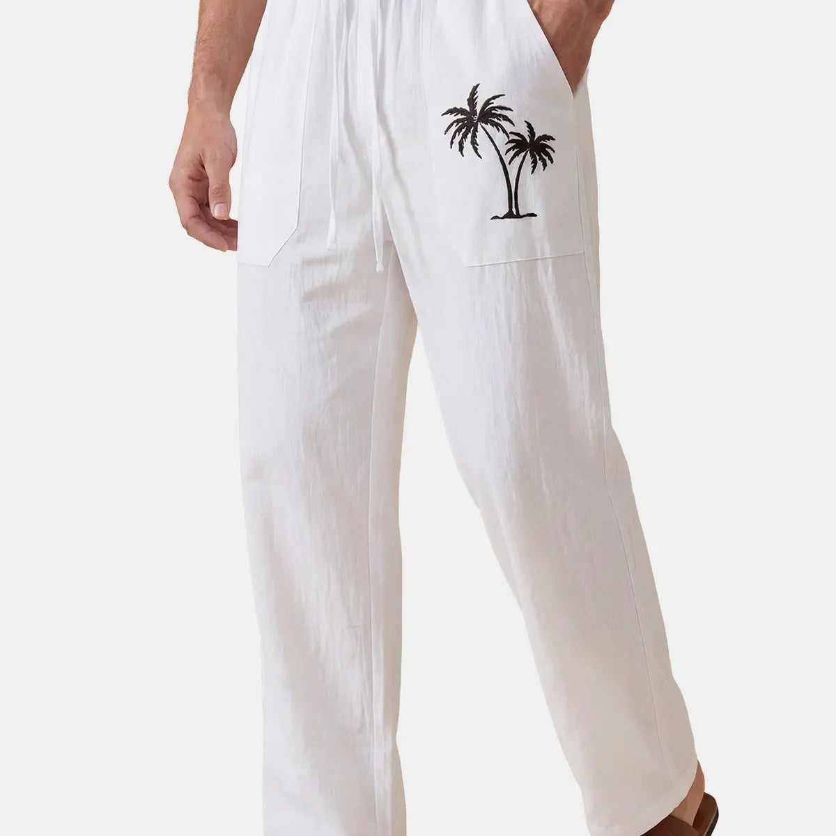 Men's Casual Palm-Print Linen Pants Eleven Oasis