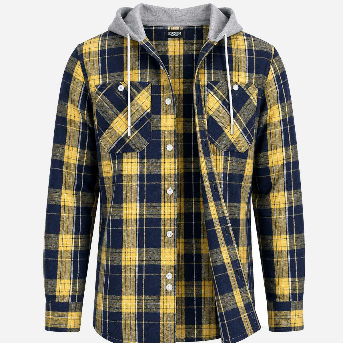 Men's Hooded Plaid Double Pocket Long Sleeve Shirt Eleven Oasis